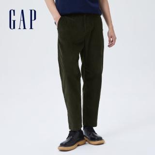 【GAP】男裝 燈芯絨鬆緊寬鬆休閒褲(736280-墨綠色)