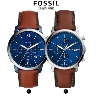 【FOSSIL】Neutra Chrono咖啡藍色三眼經典皮帶錶-原廠公司貨(44mm/42mm)