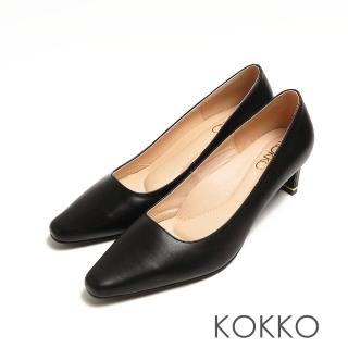 【KOKKO 集團】超透氣素面方領小牛皮舒壓扁跟鞋(黑色)