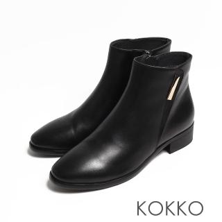 【KOKKO 集團】極簡假拼接金屬拉鍊真皮粗跟踝短靴(黑色)