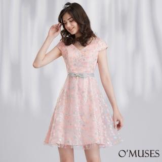 【OMUSES】V領蕾絲金蔥花粉色短禮服18-2105(S-2L)