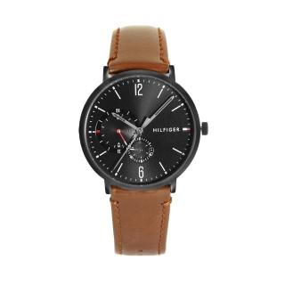 【Tommy Hilfiger】黑框 黑面 雙眼多功能標示 棕色皮革錶帶 情人節/父親節(1791510)
