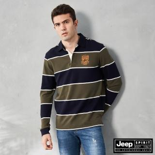 【JEEP】男裝 撞色條紋圖騰刺繡長袖POLO衫(藍綠色)