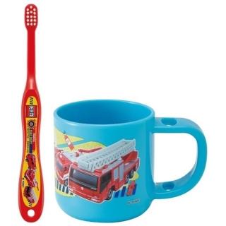 【小禮堂】Tomica多美小汽車 牙刷漱口杯組 《藍消防車款》(平輸品)