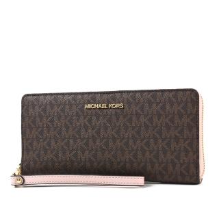 【Michael Kors】金字緹花LOGO防刮皮革多卡層手掛式拉鍊長夾-咖啡粉