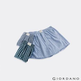 【GIORDANO 佐丹奴】男裝純棉寬鬆平底四角褲-三件裝(21 格紋藍綠)