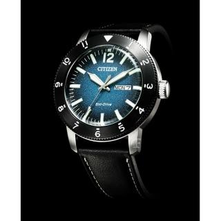 【CITIZEN 星辰】光動能時尚小牛皮潮男腕錶-黑-43.5mm(AW0077-19L 星期日期顯示)