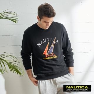 【NAUTICA】COMPETITION男裝品牌LOGO帆船刺繡長袖大學T(黑色)