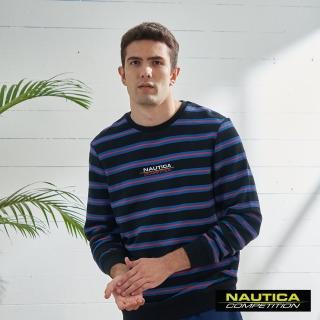 【NAUTICA】COMPETITION男裝跳色條紋長袖大學T(黑色)