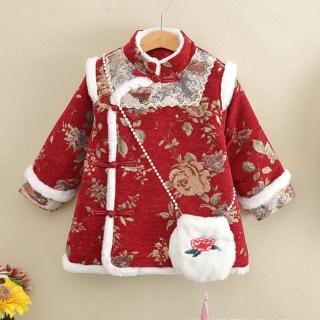 【橘魔法】高貴牡丹絨面毛邊鋪棉長版上衣+流蘇珍珠鍊包(棉襖 女童 過年 新年 大紅 拜年服 兒童 童裝)