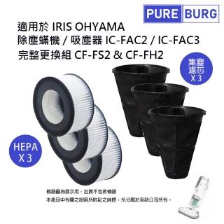 【PUREBURG】適用IRIS OHYAMA除塵蟎機吸塵器IC-FAC2 IC-FAC3 副廠集塵袋+HEPA空氣濾網-3入組