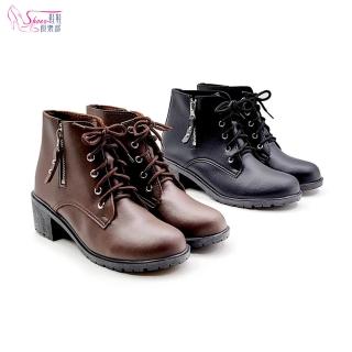 【ShoesClub 鞋鞋俱樂部】側拉鍊綁帶粗跟短靴