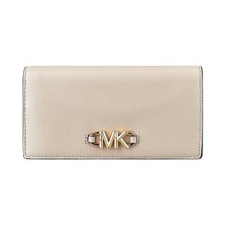 【Michael Kors】MICHAEL KORS IZZY金字LOGO荔枝紋小牛皮8卡扣式對折長夾(大/沙白)