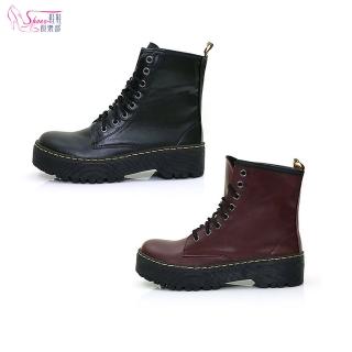 【ShoesClub 鞋鞋俱樂部】個性8孔綁帶厚底中筒馬汀靴