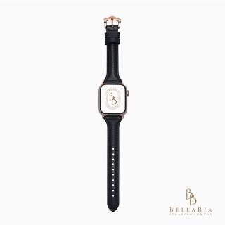 【BellaBia】Apple Watch 7/6/5/4/3/SE 38/40/41/42/44/45mm 女人珍藏系列真皮錶帶(黑色/玫瑰金釦)