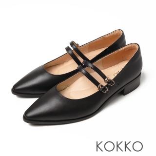 【KOKKO 集團】優雅赫本方頭真皮瑪莉珍舒壓粗跟鞋(黑色)