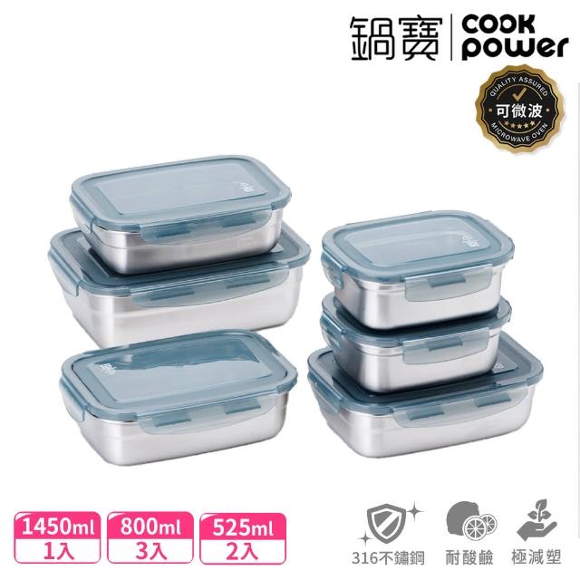 【CookPower 鍋寶】可微波316不鏽鋼保鮮盒6件組(2款選)