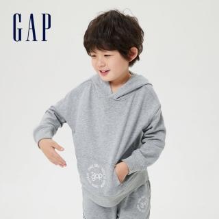 【GAP】男幼童 碳素軟磨 法式圈織系列 Logo印花連帽休閒上衣(850560-淺灰色)