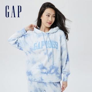 【GAP】女裝 Logo紮染連帽休閒上衣(810842-藍色紮染)