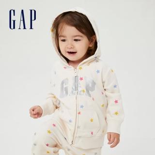 【GAP】女幼童 碳素軟磨 法式圈織系列 Logo童趣印花連帽休閒外套(809051-白色)