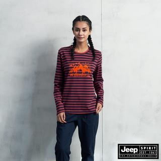 【JEEP】女裝 休閒條紋長袖T恤(紅色)