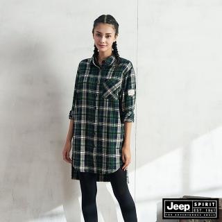 【JEEP】女裝 質感格紋休閒長版襯衫(綠色)