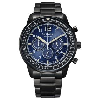 【CITIZEN 星辰】Chronograph光動能三眼碼錶計時限量深黑鋼錶限定店鋪販售44mm深藍(CA4505-80M)