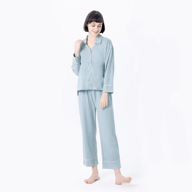 【Gennies 奇妮】兩用成套居家哺乳衣-藍/粉(孕婦裝 月子服 居家服 睡衣 前短後長 側開哺乳)