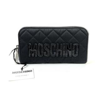 【MOSCHINO】莫斯奇諾 經典 LOGO 絎縫紋拉鍊長夾 黑色(2B810282013555)