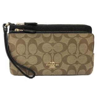 【COACH】新款C LOGO長夾式零錢雙層大零錢包/手拿包(焦糖/黑)