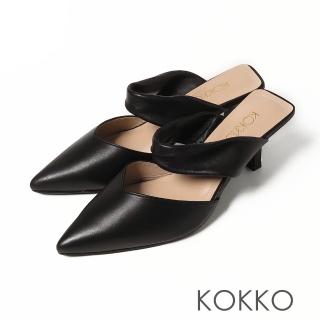 【KOKKO 集團】經典手工尖頭柔軟綿羊皮細跟穆勒拖鞋(黑色)
