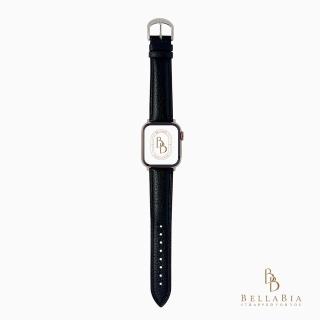 【BellaBia】Apple Watch 7/6/5/4/3/SE 38/40/41/42/44/45mm 荔枝紋小牛皮系列(黑錶帶/銀扣 真皮 錶帶)
