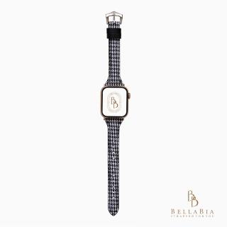【BellaBia】Apple Watch 7/6/5/4/3/SE 38/40/41/42/44/45mm 千鳥紋珍藏系列真皮錶帶(黑色/銀釦)