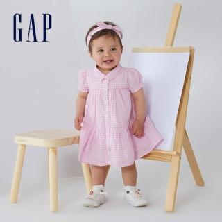 【GAP】嬰兒 格紋泡泡短袖翻領洋裝套裝(826069-粉色格紋)