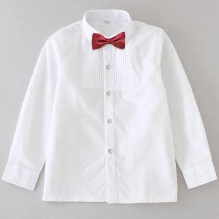 【橘魔法】水鑽扣胸前壓皺純白長袖襯衫(附領結 花童 攝影 表演服 薄長袖 長袖上衣 大童 童裝)