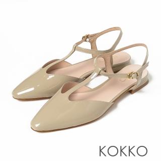【KOKKO 集團】優雅尖頭真皮T字繫帶瑪莉珍平底鞋(駝灰色)