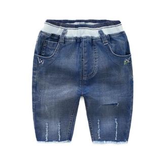 【橘魔法】鬆緊褲頭刺繡字母褲腳鬚邊牛仔褲(短褲 五分褲 七分褲 休閒褲 褲子 兒童 中童 童裝 男童)