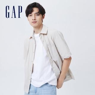 【GAP】男裝 輕透氣系列 通勤風素色防雨短袖襯衫(837028-灰白色)