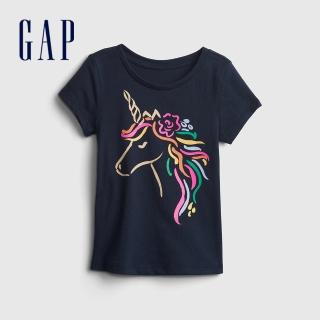 【GAP】女幼童 布萊納系列 純棉印花短袖T恤(827912-海軍藍)