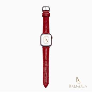 【BellaBia】Apple Watch 7/6/5/4/3/SE 38/40/41/42/44/45mm 鱷魚壓紋系列真皮錶帶(暗紅/銀釦)
