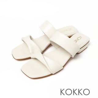 【KOKKO 集團】經典手工方頭寬線條綿羊皮方塊粗跟涼拖鞋(米色)