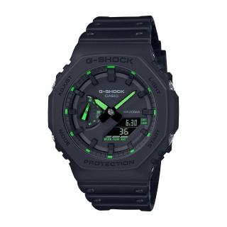 【CASIO 卡西歐】G-SHOCK 碳纖維八角雙顯手錶(黑x綠GA-2100-1A3)