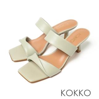 【KOKKO 集團】經典手工方頭寬線條綿羊皮細跟涼拖鞋(綠色)