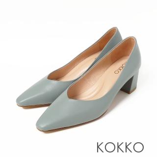 【KOKKO 集團】經典手工方頭舒壓柔軟綿羊皮超粗跟(綠色)