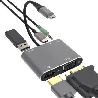 【ZA 喆安】5合1 Type-C HUB轉接集線器(支援Type-C HDMI/VGA投影/AUX3.5mm音源耳機/充電/3.2 Gen1傳輸)