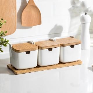 【桃花源創意工坊】日式陶瓷調料盒調味瓶正方翻蓋調料罐廚房家用調味罐三件套(家具)