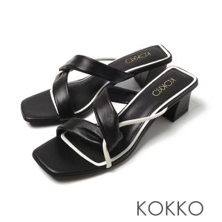 【KOKKO 集團】方頭柔軟綿羊皮線條對比粗跟涼拖鞋(黑色)