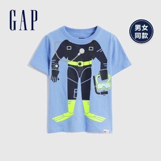 【GAP】幼童裝 布萊納系列 純棉印花短袖T恤 男女同款(794956-藍色)
