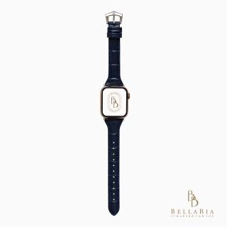 【BellaBia】Apple Watch 7/6/5/4/3/SE 38/40/41/42/44/45mm 鱷魚壓紋珍藏系列真皮錶帶(深藍/銀釦)