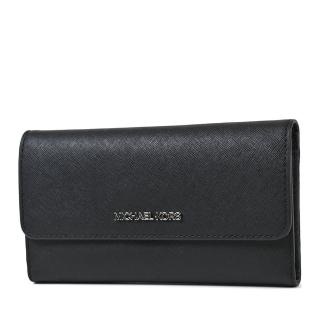 【Michael Kors】銀字小LOGO素面防刮皮革三折長夾-黑色